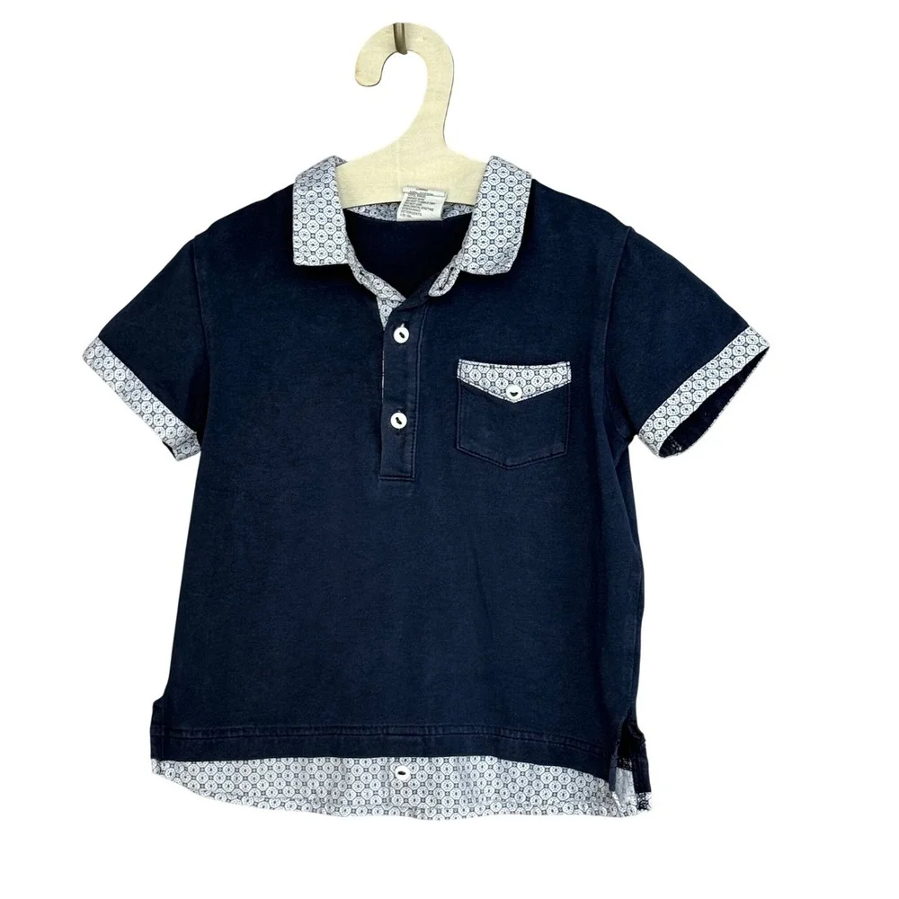 Sarah‎ Louise Girl's Polo Shirt Size 2Y Navy Blue Cotton Blend Geometric Trim